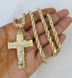 Real 10k Rope Chain Jesus Cross Charm Necklace Pendant Set 4mm 18"-28" Gold