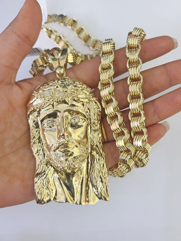 10k Gold Byzantine Necklace Jesus Head Charm 20-30 inches 9mm REAL SET Chain