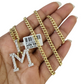 10K Gold Miami Cuban Chain M Diamond Initial 18"-24" 2mm Pendant Necklace SET