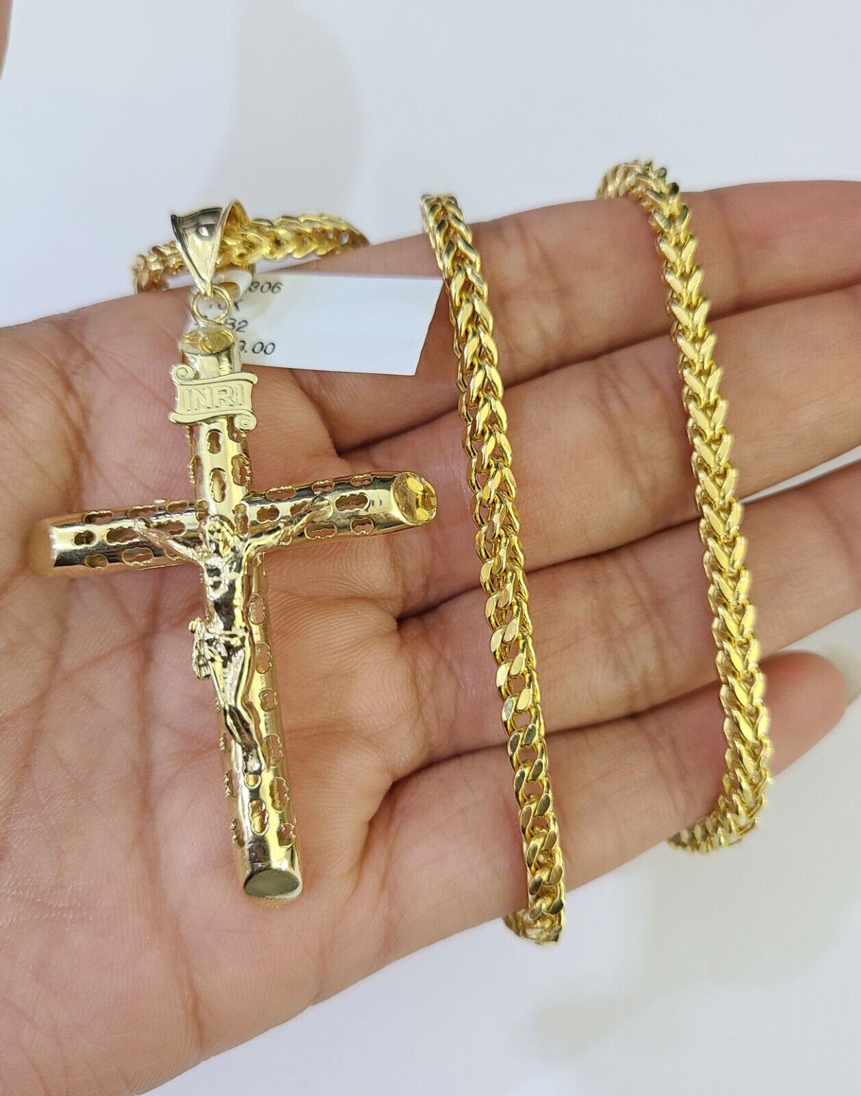 10K Gold Franco Chain INRI Cross Charm Length 18-26 inches 3mm REAL Yellow