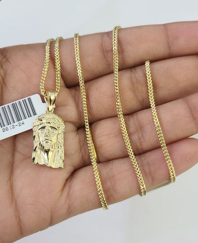 10K Solid Franco Chain Jesus Head Pendant Charm Necklace 18"-24" 1mm Gold