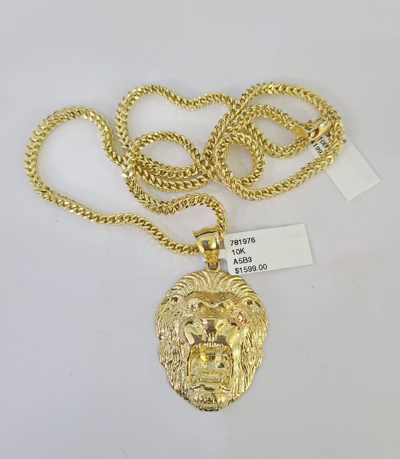 10K Franco Chain Roaring Lion Pendant Charm Necklace 20"-26" 3mm Gold Yellow SET