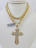 Real 10k Rope Chain Jesus Cross Charm Necklace Pendant Set 5mm 20"-30" Inch Gold