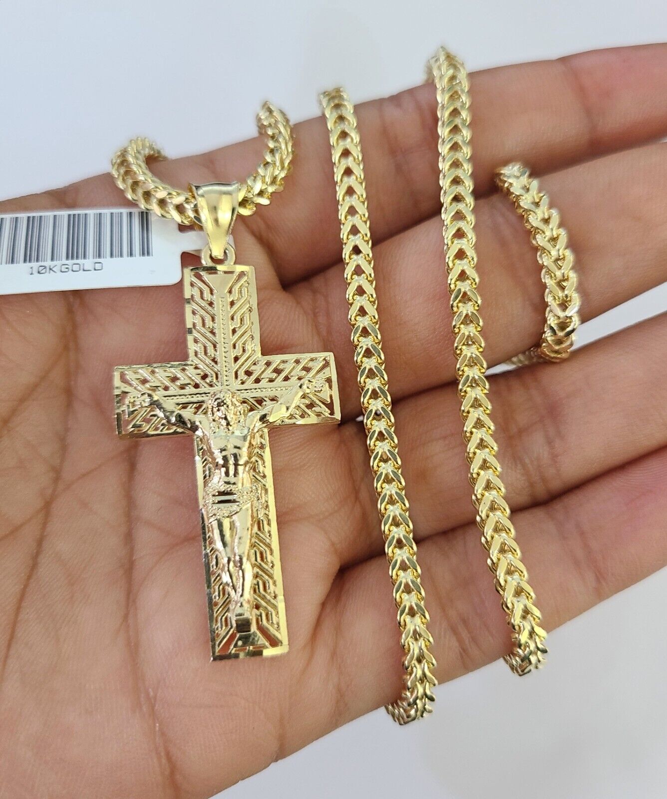 10K Franco Chain Jesus Cross Pendant Charm Necklace 20"-26" 3mm Gold Yellow SET