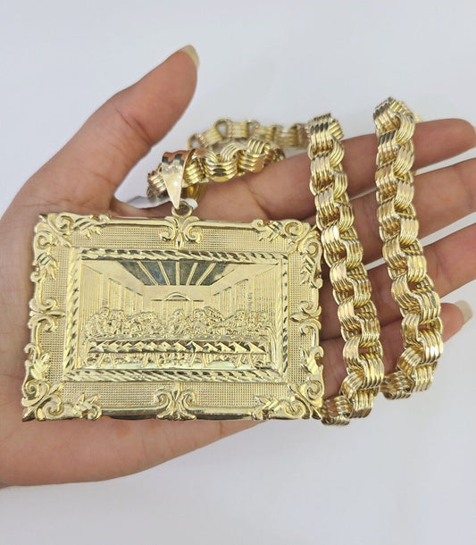 10k Gold Byzantine Necklace Last Supper Charm 20-30 inches 9mm REAL SET Chain