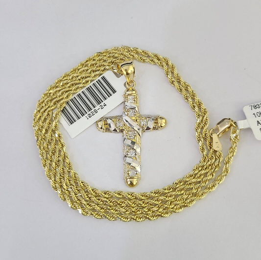 10k Solid Rope Chain 2mm Necklace Jesus Cross Pendant Charm SET 18-24 in