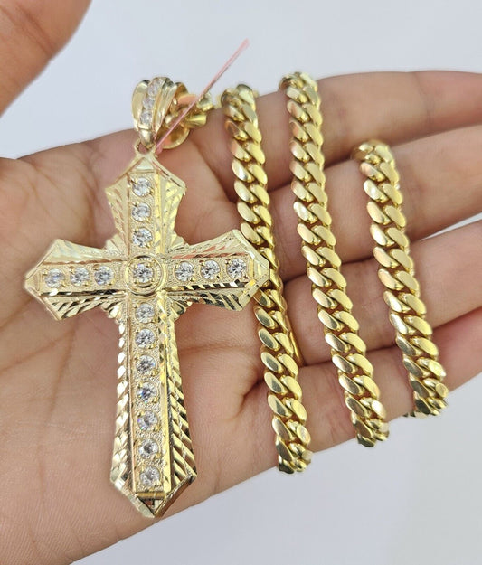 Real 14k Solid Chain Cross Charm Set Miami Cuban Link 6mm Necklace Pendant Gold