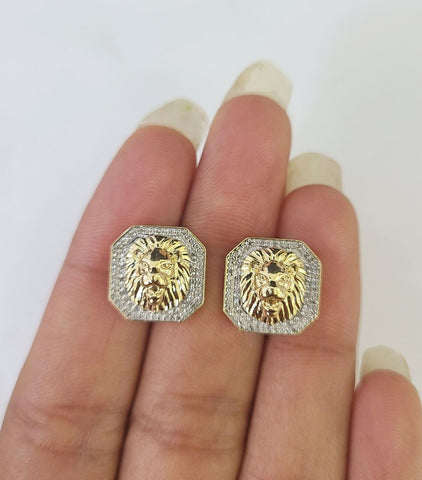 10k Diamond Lion Earrings Yellow gold Real Screw-Back Women Men studs