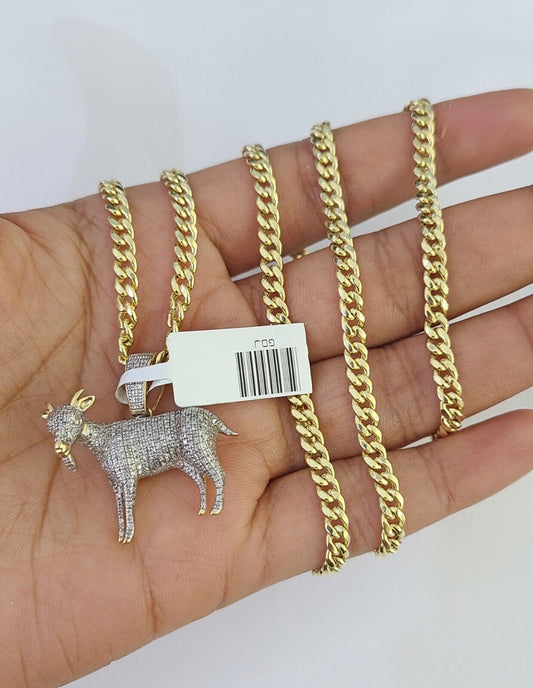 10k Miami Cuban Chain Goat Charm Set 4.5mm 20"-28" Necklace Pendant Gold