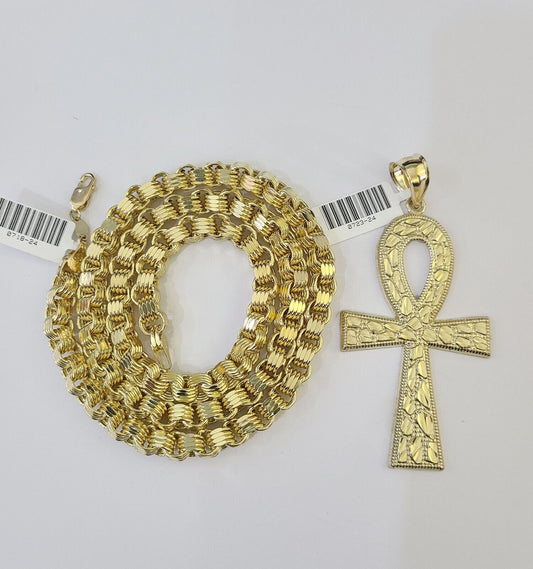 10k Gold Byzantine Necklace Jesus Cross Charm 20-30 inches 6mm SET Chain Pendant