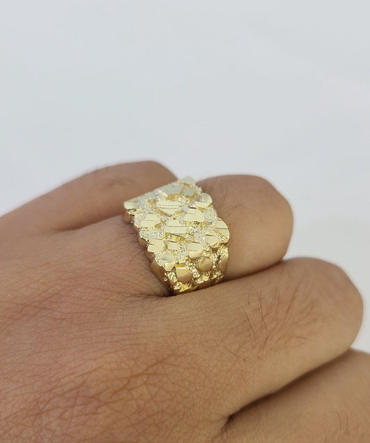 Real 10k Nugget Ring Yellow Gold Men Casual Square Ring 10kt