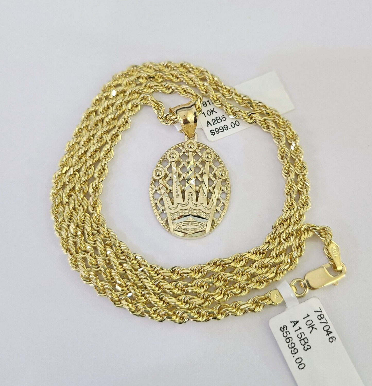 10k Solid Rope Chain 3mm Crown Pendant Charm Necklace SET 18-26 in