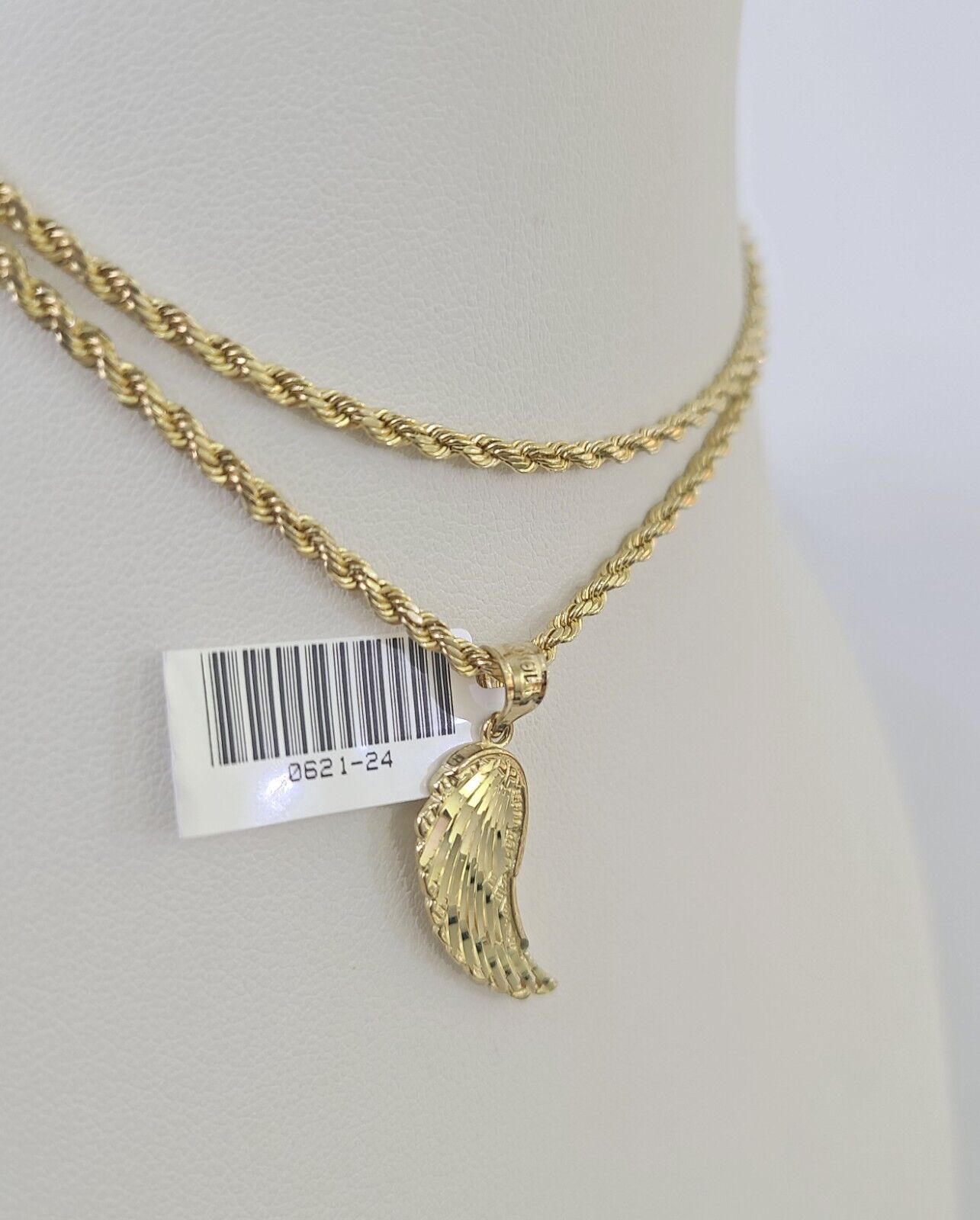 10k 2.5mm Rope Chain Angel Wings Pendant 18"-30" Yellow Gold Set Charm Necklace