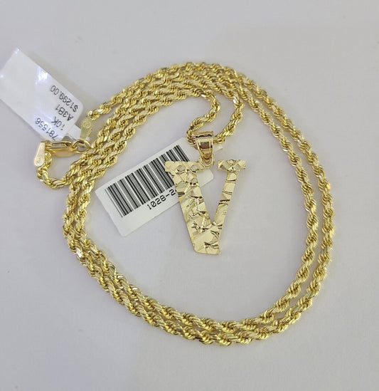 10k Gold Initial V Charm Rope Chain 16"-26" 2.5mm SET Necklace Alphabet Pendant