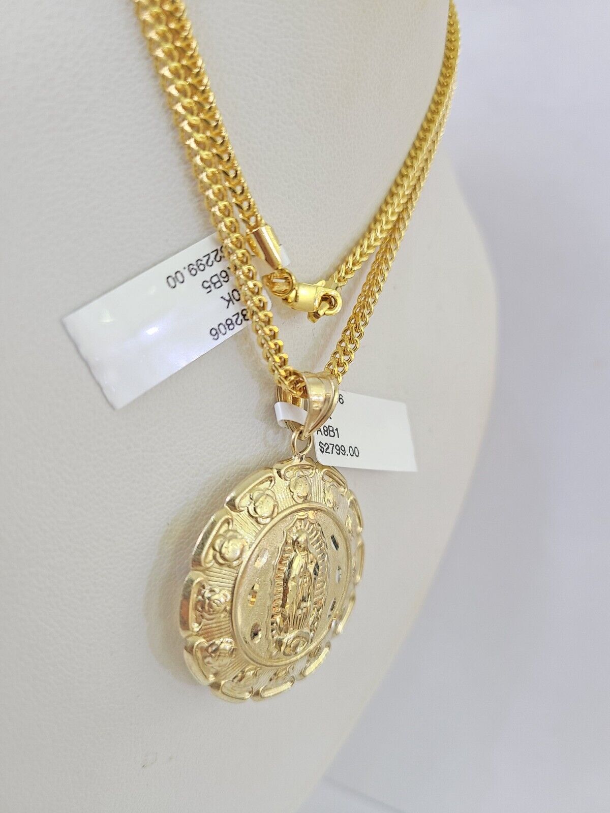 10K Gold Franco Chain Jesus Mary Charm Pendant 20-26 inches 2.5mm REAL Yellow