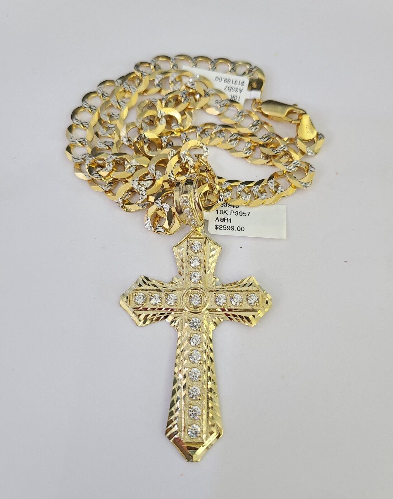 10k Gold Chain Cross Charm Solid Cuban Curb Necklace 9mm 20"-30" Diamond Cut SET