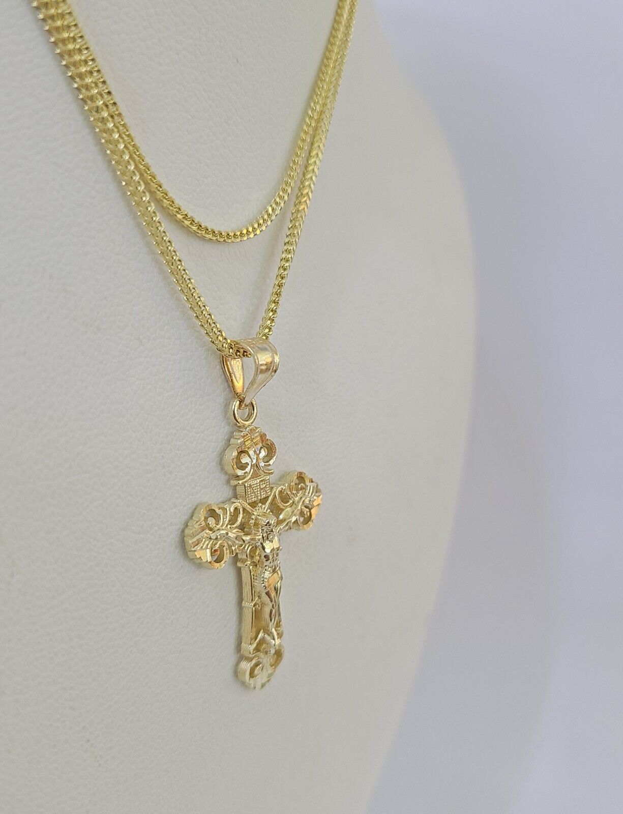 10K Gold Franco Chain INRI Cross Charm SET Length 16-20 Inches 1mm Ladies Women