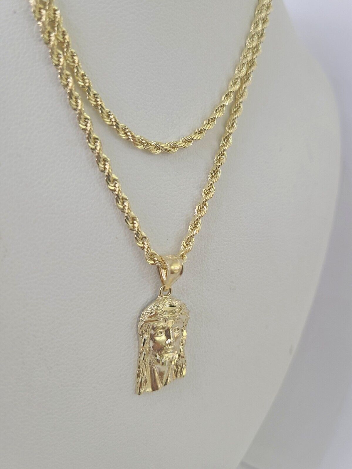 10k 2.5mm Rope Chain Jesus Head Pendant 18"-30" Yellow Gold Set Charm Necklace