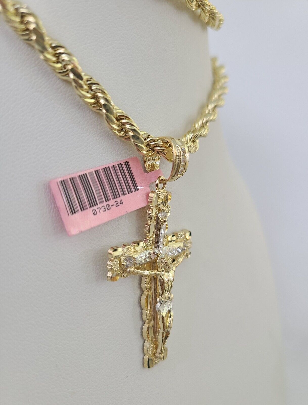 Real 14k Rope Chain Jesus Cross Charm Set 6mm 18"-28" Necklace Yellow Gold