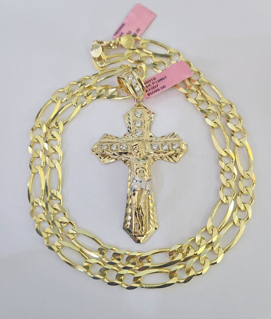 14k Figaro Chain Jesus Cross Charm Pendant Gold 7mm 20-30 inch SET Necklace