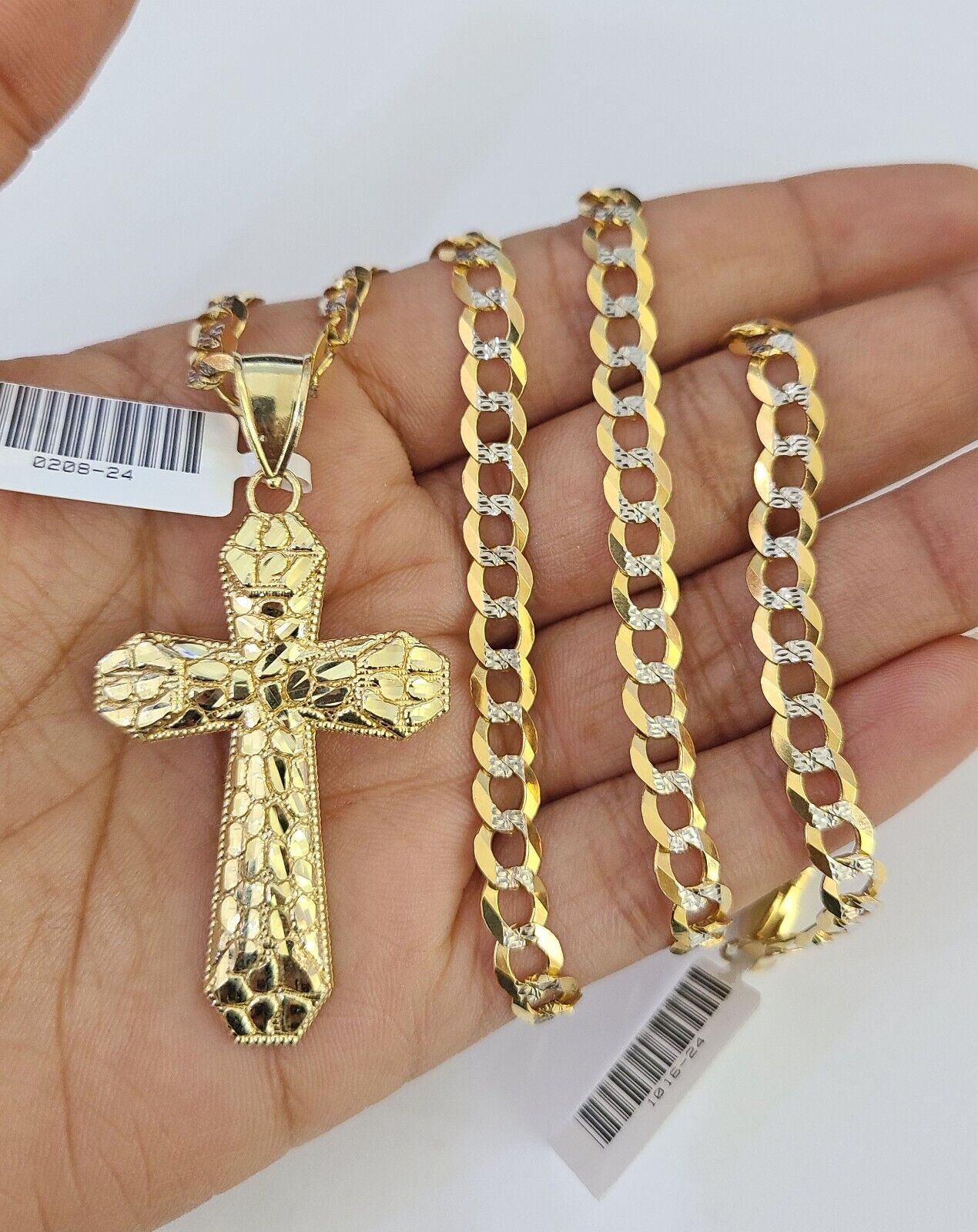 10k Solid Gold Cuban Curb Chain Jesus Cross Pendant 6mm 20"-30" SET Necklace