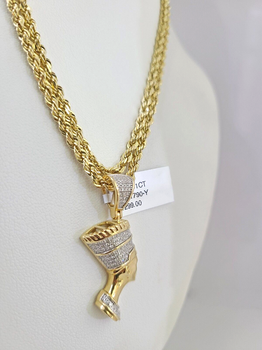 10k Solid Rope Chain Egypt Queen Pendant Diamond Necklace 20"-28" Gold Set 3mm