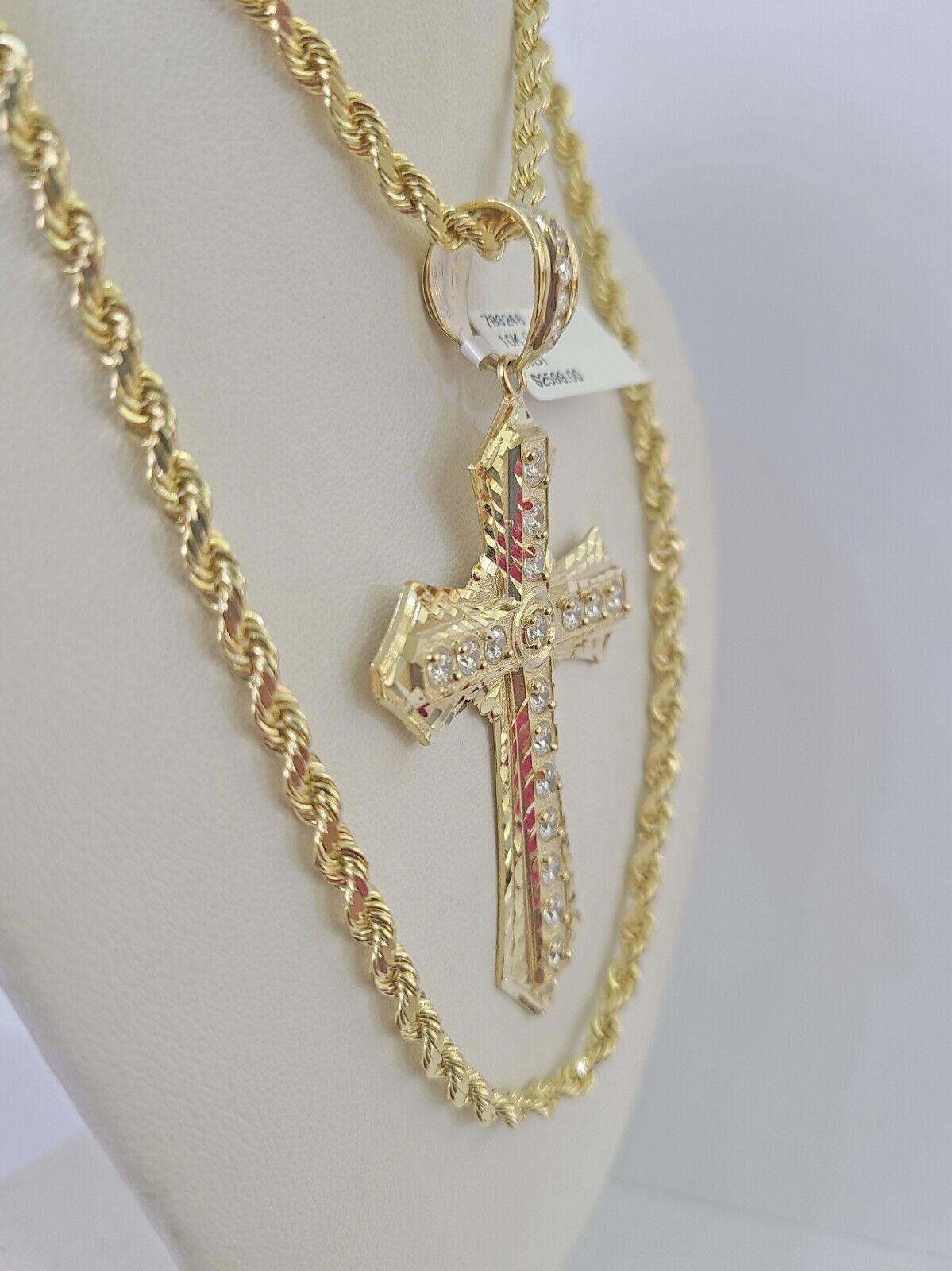 10k Solid Rope Chain Jesus Cross Charm Set 4mm 20"-28" Necklace Gold Yellow