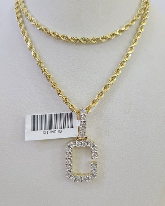 10k 3mm Rope Solid Chain C Diamond Pendant Alphabet 18"-28" Gold Charm Necklace