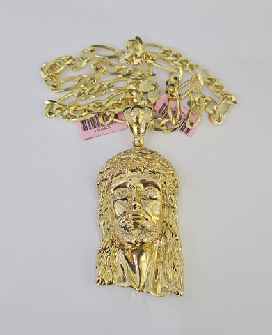 14k Figaro Chain Jesus Head Charm Pendant Gold 7mm 20-30 inch SET Necklace