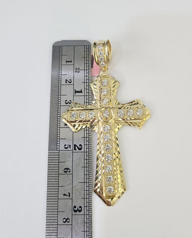 14k Solid Cuban Curb Link Chain Jesus Cross Charm Pendant 8mm 22inch YellowGold