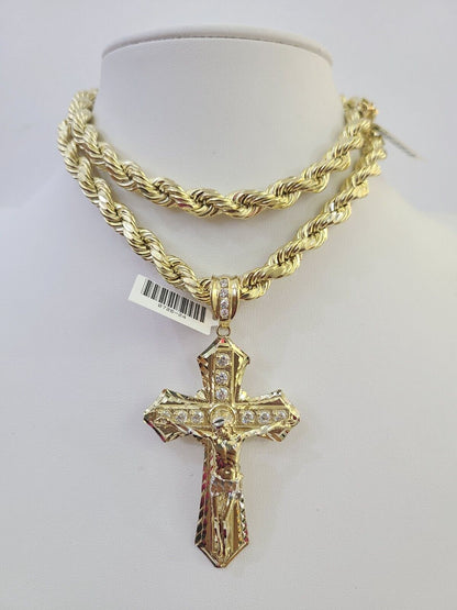 Real 10k Rope Chain Jesus Cross Charm Set 8mm 20"-30" Inch Necklace Yellow Gold