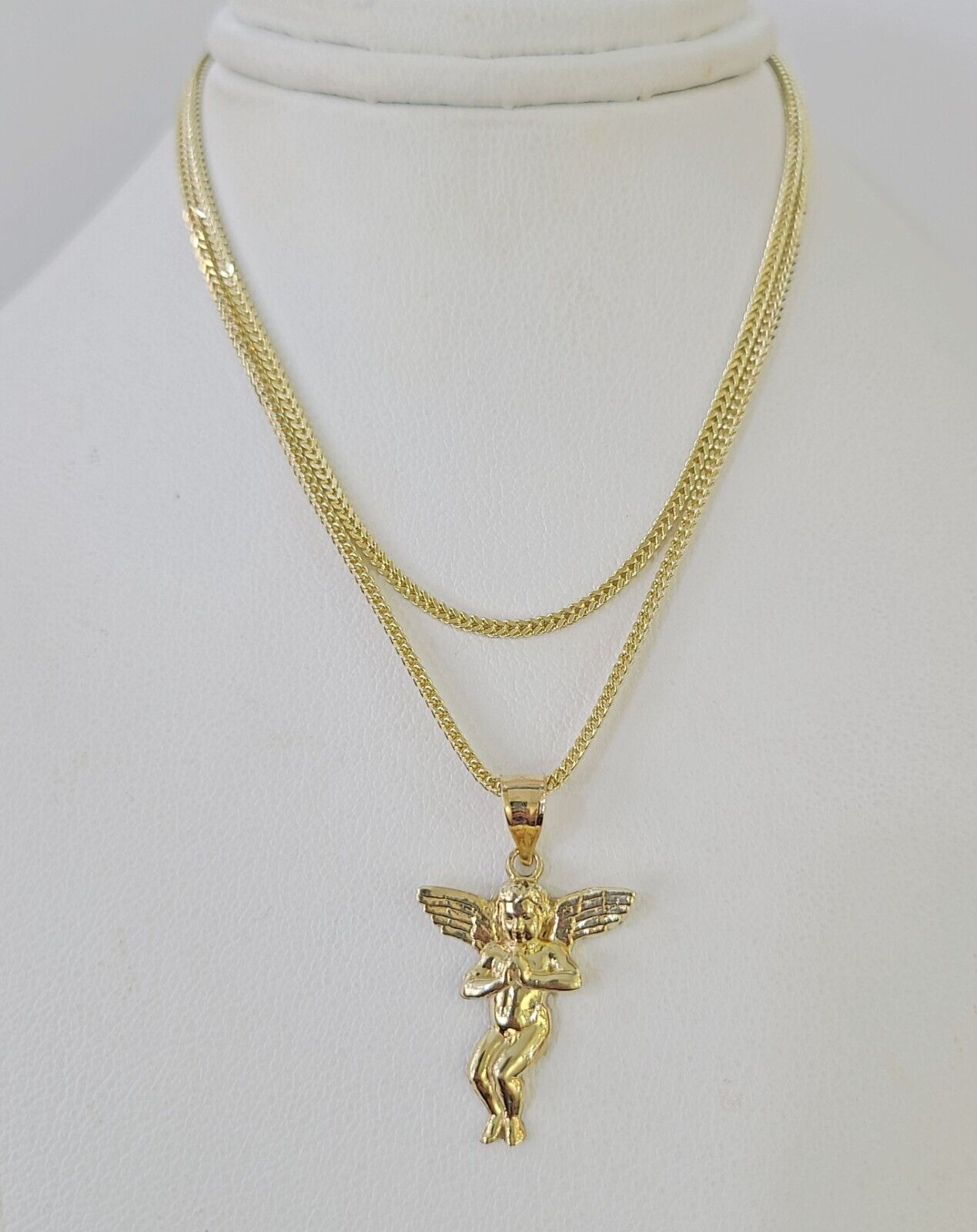 10K Gold Franco Chain Praying Angel Charm SET 16-20 Inches 1mm Ladies Women