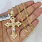 10k Gold Chain Miami Cuban Jesus Cross Charm Pendant Set 4mm 18"-28" Necklace