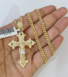 10k Gold Chain Miami Cuban Jesus Cross Charm Pendant Set 4mm 18"-28" Necklace