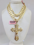 14k Gold Chain Jesus Cross Charm Solid Cuban Curb 10mm 20"-30" SET Necklace