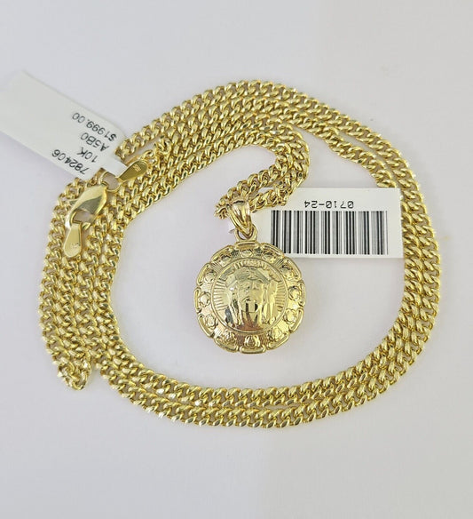 10K Gold Miami Cuban Chain Jesus Mary 18"-28" 3mm REAL Pendant Necklace SET