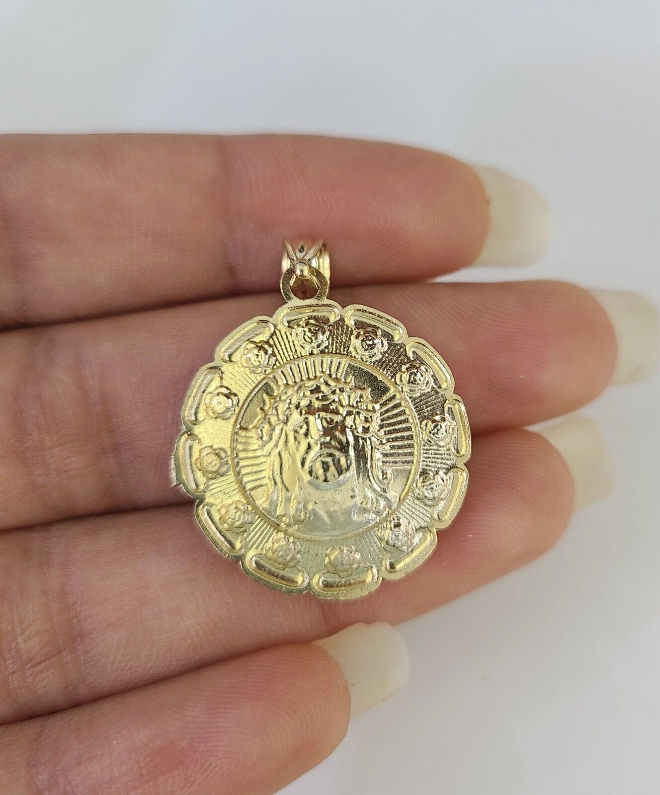 10k 3mm Rope Chain Jesus Guadalupe Pendant 18"-30 Yellow Gold Set Charm Necklace