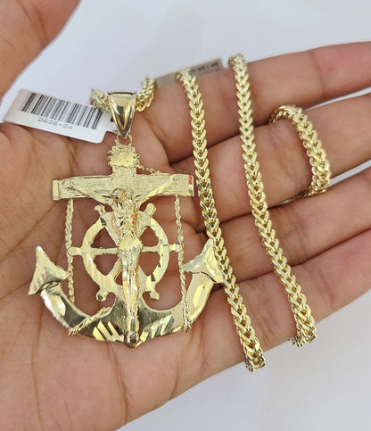 10K Franco Chain Jesus Anchor Pendant Charm Necklace 20"-26" 3mm Gold Yellow SET