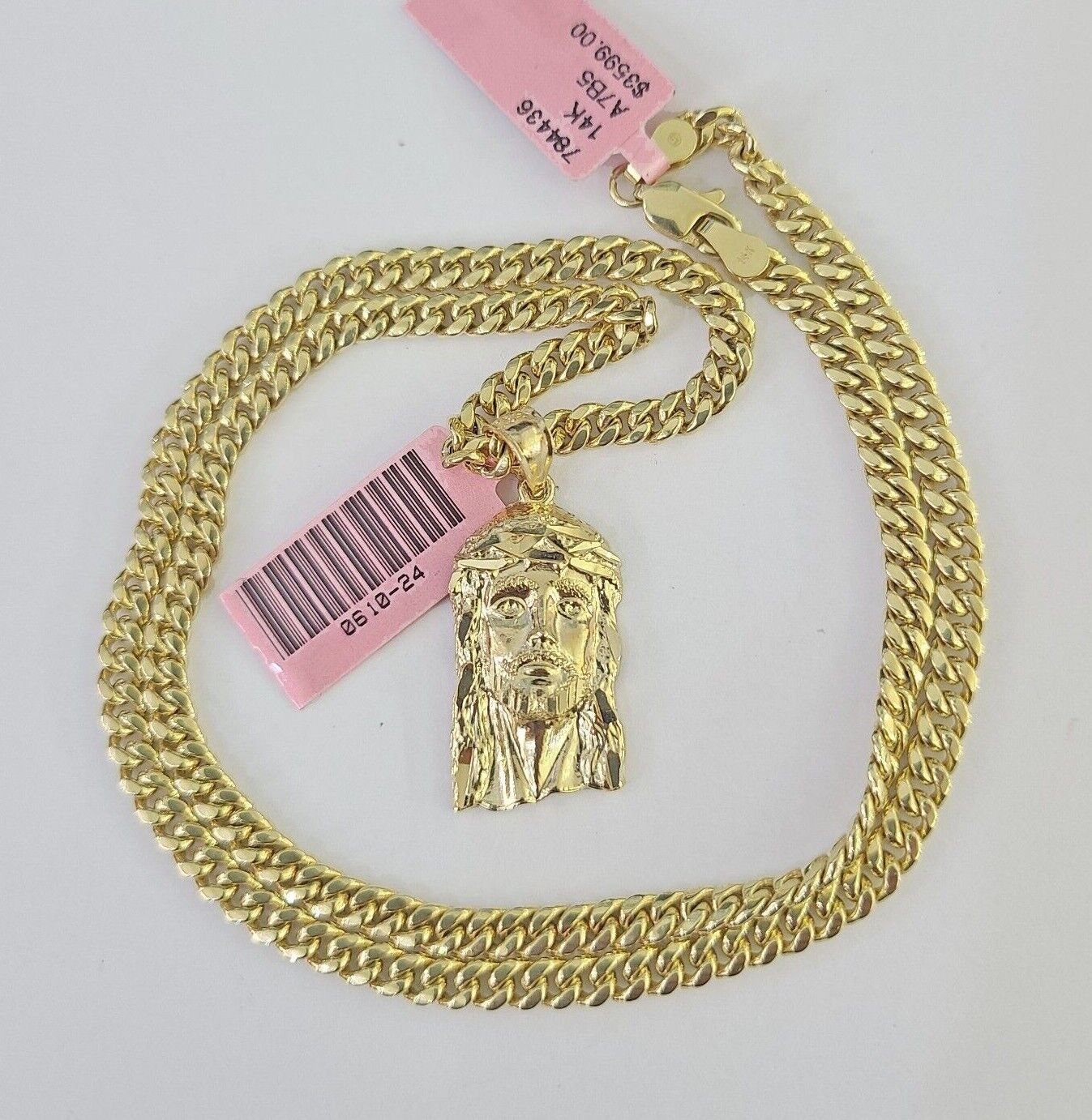 Real 14k Chain Jesus Head Charm Set Miami Cuban Link 4mm Necklace Pendant