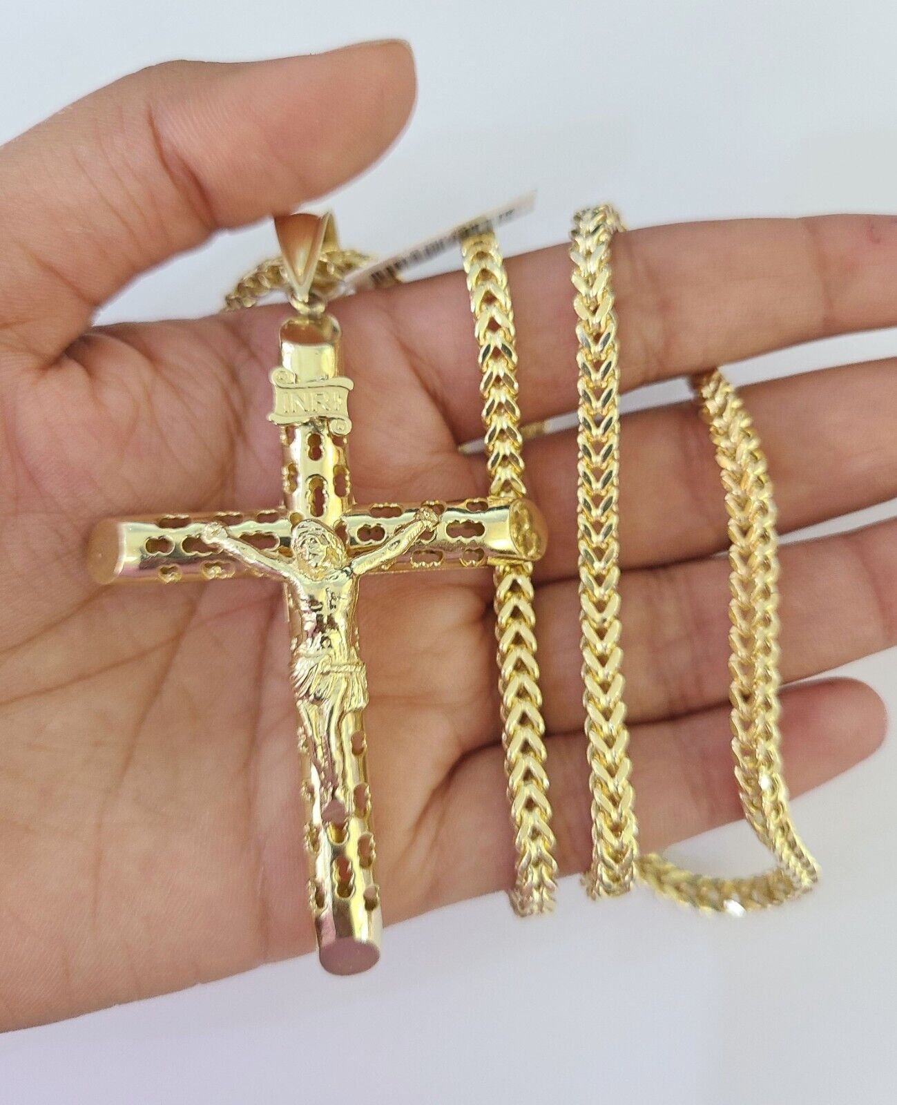 10K Franco Chain Jesus INRI Cross Pendant Charm Necklace 20"-28" 4mm Gold Yellow