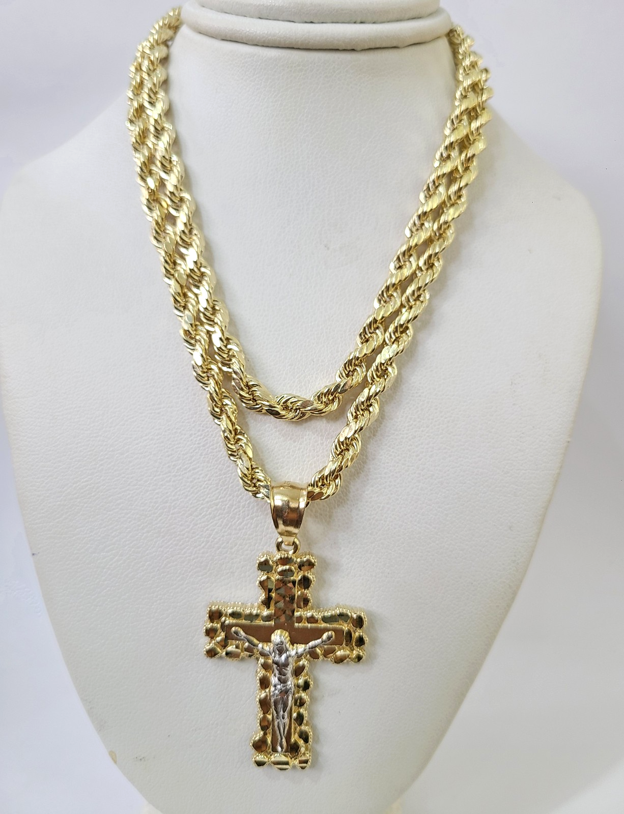Real 10k Rope Chain Jesus Cross Charm Necklace Pendant Set 5mm 18"-28" Gold