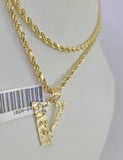 10k Gold Initial V Charm Rope Chain 16"-26" 2.5mm SET Necklace Alphabet Pendant