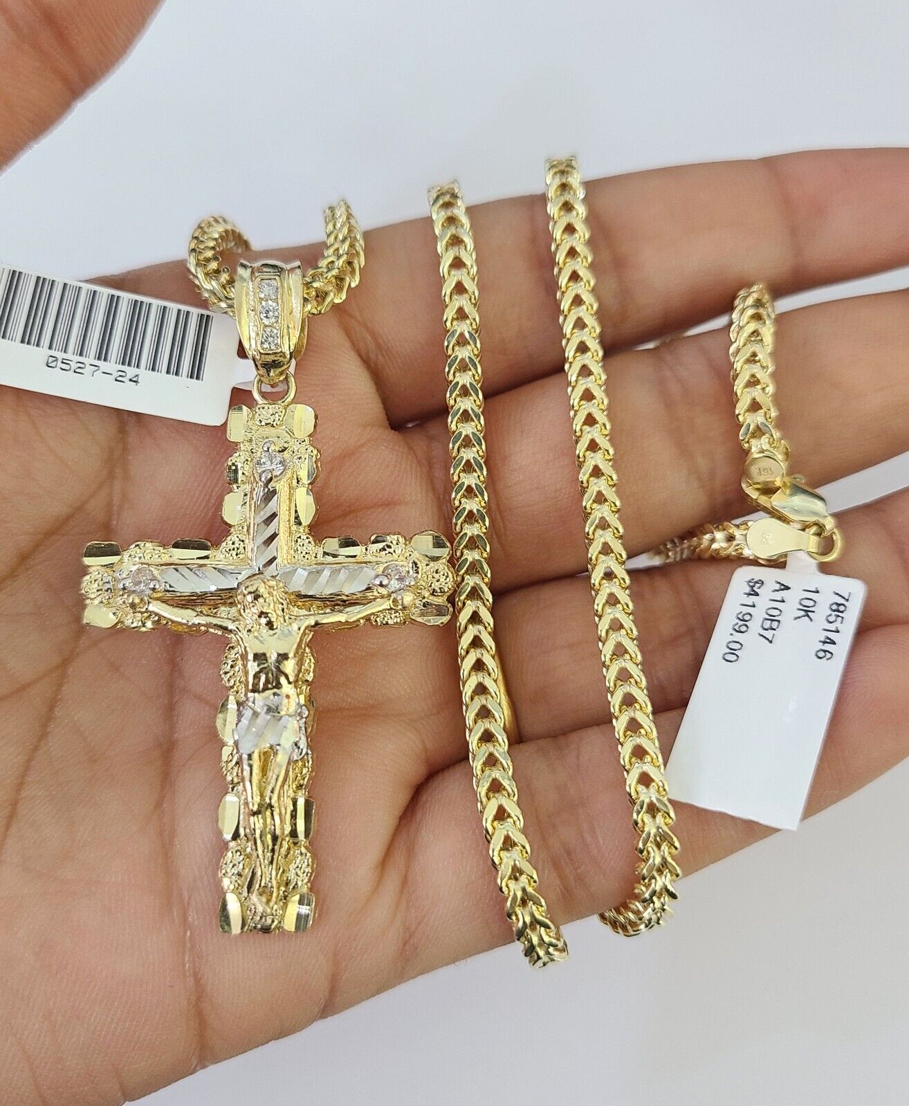 10K Franco Chain Jesus Cross Pendant Charm Necklace 20"-26" 3mm Gold Yellow SET