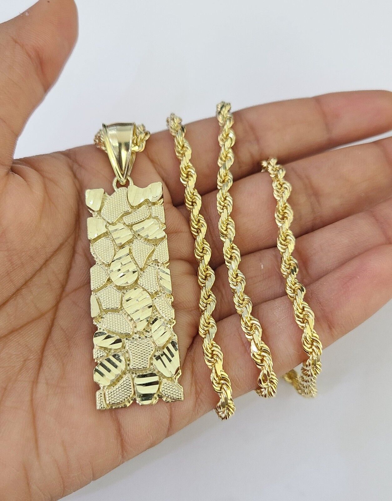 Real 10k Solid Rope Chain Nugget Charm Set 4mm 18"-30" Inch Necklace Yellow Gold