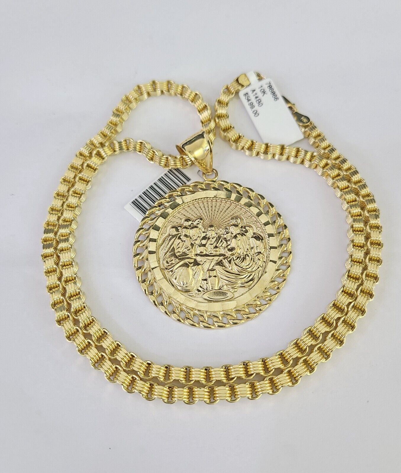 10k Gold Byzantine Box Necklace Last Supper Charm 20"-30" SET Yellow Real 4mm