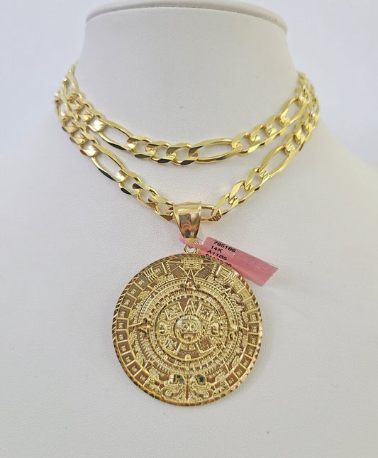 14k Figaro Chain Mayan Calendar Charm Pendant Gold 7mm 20-30 inch SET Necklace