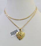 10k Solid Gold Cuban Curb Chain Hearts Pendant 2mm 18"-24" SET Necklace