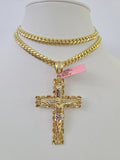 Real 14k Solid Chain Cross Charm Set Miami Cuban Link 6mm Necklace Pendant Gold