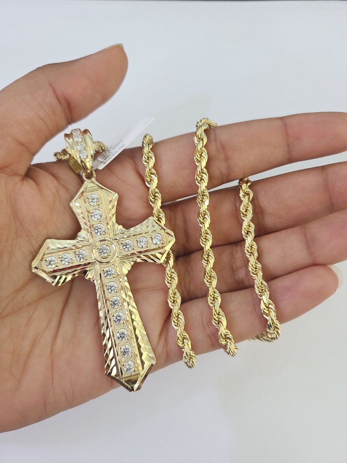 10k Solid Rope Chain Jesus Cross Charm Set 4mm 20"-28" Necklace Gold Yellow