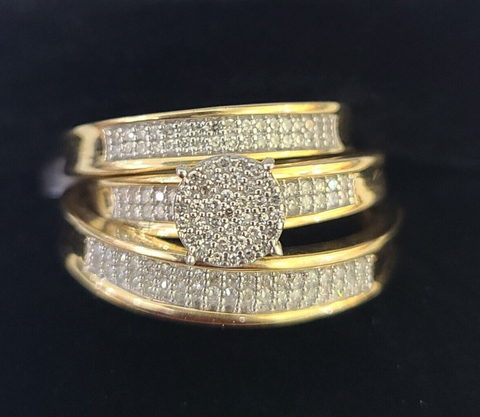 REAL 10k Diamond Ring Yellow Gold Ladies Men Trio SET Wedding Engagement Genuine